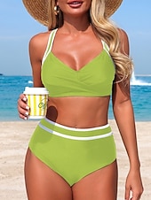 economico Bikini-Per donna Costumi da bagno Bikini Due pezzi Mutande Costume da bagno Controllo della Pancia Vita alta Snello Senza schiena Vacanza Abbigliamento da Spiaggia A righe Scollo a V Senza Maniche Costumi