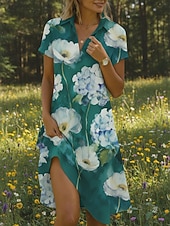 cheap Print Floral Dresses-Women's Knee Length Dress Casual Dress Floral Dress Print Dress Vintage Classic Outdoor Vacation Going out Regular Fit Floral Short Sleeve Shirt Collar Green Summer Spring
