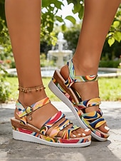 abordables Sandalias de cuña-Sandalias de plataforma coloridas para mujer: elegantes sandalias de tiras con hebilla ajustable &amp;Tacón de cuña, perfecto para vacaciones de verano y uso diario informal.