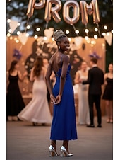 cheap Long Dresses &amp; Gowns-Sheath Column Tea Length Prom Dress Wedding Guest Dress Evening Gown Prom Dresses Elegant Sleeveless Spaghetti Strap Prom Formal Stretch Crepe Backless with Slit Solid Color