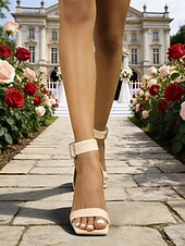cheap Wedding Guest-Women's Comfortable Block Heel Dress Sandals – Open Toe Ankle Buckle Heels for Weddings, Cocktail, Prom &amp; Events
