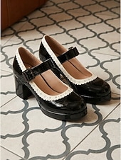abordables Retro de los años 50-Zapatos Mary Jane vintage de los años 50 para mujer: elegantes tacones de bloque de charol negro sintético con ribete festoneado para fiestas retro y eventos rockabilly. &amp;estilo de mediados de siglo