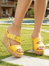 Недорогие Сандалии на танкетке-Модные женские желтые босоножки на высоком каблуке с регулируемым ремешком – стильные летние сандалии для отдыха на природе, в отелях и на летних каникулах.