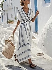 abordables Vestidos a Rayas y Geométricos-Mujer Vestido Midi Vestido de una línea Vacaciones Casual Exterior Noche Ajuste regular Raya Manga Corta Escote en Pico Azul marinero Amarillo Azul cielo Beige Verano Primavera