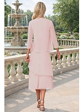 economico Set di abiti per la mamma-Tubino Colonna Lunghezza Tè Abito da invitata a nozze Abito da cerimonia per signora Manica 3/4 Collo gioiello Elegante Ospite di nozze Chiffon Con Stola con Arricciatura