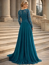 preiswerte Bodenlänge-A-Linie Bodenlang Kleid für Hochzeitsgäste Abendkleid Brautmutterkleid Langarm Rundhalsausschnitt Elegant Party Formell Hochzeitsgast Formeller Abend Spitze mit Falten