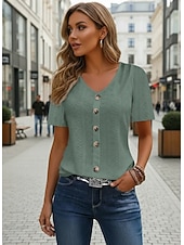 olcso Csipkés felsők-Női Pointelle ing Fűzőlyuk felső Gombok Napi Rövid ujjú V-alakú Normál felsők Hétköznapi Napi Tengerpart Hamvaszöld Fekete Fehér Arcpír rózsaszín Égszínkék Nyár