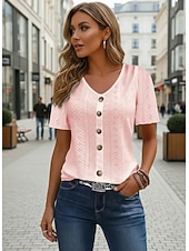 olcso Csipkés felsők-Női Pointelle ing Fűzőlyuk felső Gombok Napi Rövid ujjú V-alakú Normál felsők Hétköznapi Napi Tengerpart Hamvaszöld Fekete Fehér Arcpír rózsaszín Égszínkék Nyár