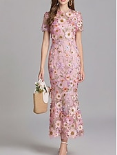 Недорогие Коктейльные платья-Платья для вечеринок русалки винтажное платье свадьба свадебный гость до щиколотки короткий рукав круглый вырез тюль с вышивкой