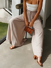 preiswerte weites Bein und hohe Taille-Damen Weites Bein Chinos Urlaub Mode Streetwear Volle Länge Hohe Taille Einfach Tasche Elastischer Bund Bequem Komfort Weich Dehnbar Outdoor Straße Schwarz Weiß Dunkelgrün Orange Sommer Frühling