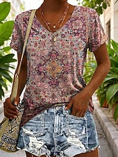 cheap Art&amp;Design tee-Women's T Shirt Print Graphic Geometric Vintage Stylish Classic Short Sleeve V Neck Long Tops Daily Red Purple Summer Spring