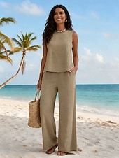 tanie Bluzki damskie garniturowe-Damskie Zestawy spodni Bolerko górne Bez rękawów Okrągły dekolt Jednokolorowe Nadruk Moda Moda miejska Codzienny Na zewnątrz Plaża Żółty Pomarańczowy Khaki Lato Luźna