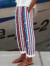 preiswerte Unabhängigkeitstag Hosen-Unabhängigkeitstag Patriotische Damen Hosen Freizeit Hosen Urlaub Vintage Ethnischer Stil Voll-Länge Hohe Taille Hose Blumen Amerikanische Flagge Kordelzug Seitentaschen Druck Komfort Atmungsaktivität