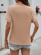 voordelige Effen Blouses-Dames T-shirt Kant Lapwerk Effen Modieus Stijlvol Klassiek Korte mouw V-hals Normale tops Dagelijks Uitgaan Weekend blauw Zwart Wit Leger Groen Groen Zomer Lente