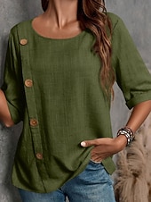preiswerte Hemden-Damen Bluse Hemd aus Leinenimitat Knöpfe Einfarbig Stilvoll Basic Lässig Halbarm Rundhalsausschnitt Normale Oberteile Täglich Blau Schwarz Weiß Armeegrün Rote Sommer Frühling Herbst