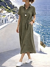 economico Vestito bianco-Per donna Abito maxi Abito a trapezio Abito Estivo Casual Quotidiano Vestibilità regolare Semplice Manica Corta Bavero Nero Grigio scuro Verde militare Estate