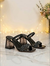 abordables Sandalias de tacón-Sandalias de tacón con cristales negros para mujer: zapatos transparentes de punta abierta con tacón de bloque para cócteles, vestidos de noche y ocasiones formales.