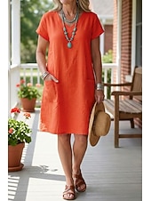 abordables Robe blanche-Femmes Robe Longueur Genou Robes en coton et lin Robe fourreau Robe Décontractée Élégant Mode Moderne Quotidien Extérieur Vacances Coupe régulière Uni Manche Courte Col en V Bleu Jaune Vin Orange Ét