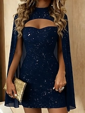 billige Paljettkjoler-Dame Mini kjole Elegant kjole Elegant Mote Moderne utendørs Feriereise Fest Løstsittende عادي Langermet Høyhalset Blå Svart Vin Rød Vår Høst