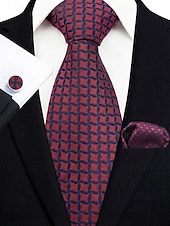 お買い得  結婚 ACC-男性用フォーマルネクタイセット、ポケットチーフとカフスボタン付き - 結婚式、ビジネスパーティー、ガライベントに最適な高級ポリエステルチェック柄ネクタイ - スタイリッシュな花婿の付添人用スーツアクセサリー（複数色）