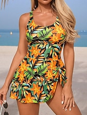 levne Jednodílné plavky-Dámské Plavky Jeden kus Monokini Sukně Plavky Zaštíhlující Vysoký pas Štíhlý Volná záda Elegantní prázdniny Květinový Grafika Do U Bez rukávů Plavky