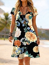 abordables Vestidos florales-Mujer Vestido hasta la Rodilla Vestido de verano Vestido estilo camiseta Vestido de una línea Vacaciones Casual Boho Playa Ajuste regular Floral Graphic Manga Corta Escote en Pico Azul Piscina Rosa