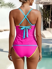 billiga Tankinis-Dam Badkläder Tankini 2 st Kaxig Baddräkt Magkontroll Hög midja Smal Öppen rygg Semester Standkläder Geometrisk V-hals Ärmlös Baddräkter