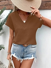 baratos Camiseta lisa-Mulheres Camiseta T-shirt Côr Sólida Moda à moda Clássico Manga Curta Decote V Tops regulares Diário Para Noite Final de semana Rosa Verde Tropa Vermelho Marron Verde Verão Primavera