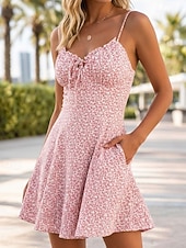 abordables Robes fleuries-Mini robe Femme Robe casual Sans Manches Printemps Eté - chaud robe sexy Lacet Imprimer Floral Vacances Fin de semaine Mince 2023 Boom Vente Robe Jaune foncé Rose Claire Blanche Jaune Pourpre fonc