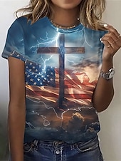  Amerykański Dzień Niepodległości Damskie Podkoszulek Nadruk Graficzny Flaga Elegancki Klasyczny Codzienny Krótki rękaw Półgolf Okrągły dekolt Zwykłe topy Codzienny Niebieski Czerwony Czerwony