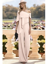 cheap Mom's Jumpsuits-Jumpsuits Floor Length Mother of the Bride Dress Short Sleeve Off Shoulder Elegant Formal Wedding Guest Wedding Party Chiffon with Ruffles