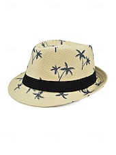 abordables Accesorios de vacaciones-Sombrero fedora de paja para hombre con estampado de palmeras, ligero y transpirable, tejido para verano, disponible en varios colores, estilo informal de resort para vacaciones en la playa en primavera y uso diario.