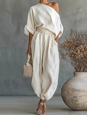 Χαμηλού Κόστους Γυναικείες φόρμες μπλούζας-Γυναικεία Βαμβακερά σετ λευκών ειδών Σετ παντελονιών μπολερό Μακρυμάνικο Ώμοι Έξω Σκέτο Σουρωτά Κουρελού Κομψό Μοντέρνα Κομψό στυλ street Causal Καθημερινά ΕΞΩΤΕΡΙΚΟΥ ΧΩΡΟΥ Μπεζ Καλοκαίρι