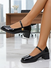 Недорогие Туфли Мэри Джейн-Женские красные туфли-мэри-джейн на устойчивом каблуке — удобные лакированные туфли на среднем каблуке из искусственной кожи с регулируемым ремешком для работы в офисе, делового повседневного стиля и ежедневных поездок на работу.