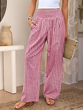 cheap Wide Leg &amp; High Waisted-Women's Wide Leg Chinos Vacation Fashion Streetwear Full Length High Waist Plaid Pocket Elastic Waistband Printing Comfy Comfort Soft Stretchy Daily Outdoor Street Blue Black Yellow Pink Spring Fall