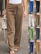 billiga Raka byxor-Dam Brett skaft Långbyxor Casual byxor Semester Mode Streetwear Fullängd Hög midja Slät Snörning Ficka Elastisk midja Komfort Oelastisk Dagligen Semester Gata Svart Vit Marinblå Grön Sommar Vår Höst