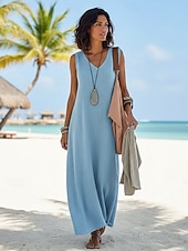 Χαμηλού Κόστους Φορέματα-Φόρεμα Maxi από Λευκό Λινό Σατέν με Λάδι Σατράπεζα Φόρεμα Καλοκαίρι Καθημερινό Εξωτερικό Κανονική Εφαρμογή Μονοχρωμία Χωρίς Μανίκι V Λαιμό Μπλε Καλοκαίρι Άνοιξη