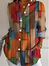 tanie Pasiaste i geometryczne bluzki-Damskie Koszula Bluzka Niejednolita całość Guziki Nadruk Graficzny Geometryczny Kratka Zabytkowe Tropikalny Codzienny Długi rękaw Kołnierzyk koszuli Zwykłe topy Codzienny Niebieski Czarny Biały Żółty