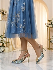 cheap Mother of Bride/Groom-Women's Blue Floral Slingback Heels with Gold Trim - Elegant Kitten Heel Pumps for Mother of the Bride at City Weddings