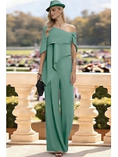 cheap Mom's Jumpsuits-Jumpsuits Floor Length Mother of the Bride Dress Short Sleeve Off Shoulder Elegant Formal Wedding Guest Wedding Party Chiffon with Ruffles