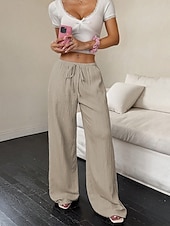 abordables jambe large et taille haute-Femmes Pantalons Pantalon décontracté Droit Vacances Mode Streetwear Longueur complète Taille haute Uni Avec Poches Taille Élastique Confort Confortable Quotidien Vacances Rue Noir Kaki Printemps