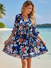cheap Floral Dress-Women's Mini Dress A Line Dress Vacation Casual Outdoor Going out Regular Fit Floral 3/4 Length Sleeve V Neck Blue Summer Spring Fall