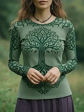 abordables T-shirt Boho-Mujer camisa boho Camiseta Estampado Floral Graphic Bohemia Vintage Casual Manga Larga Cuello Barco Tops regulares Diario Fin de semana Ropa de vacaciones Azul Marino Verde Trébol Verano Primavera