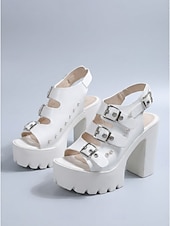 economico Donne-sandali da festival con plateau neri da donna - scarpe con tacco a blocco spesso e suola a carrarmato con cinturini con fibbia borchiata per coachella, rave &amp;concerti estivi all'aperto