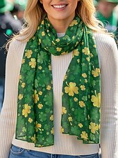  Bufanda de poliéster con diseño de trébol para mujer, de gasa transpirable, con estampado de trébol verde, perfecta para el Día de San Patricio y para uso diario.