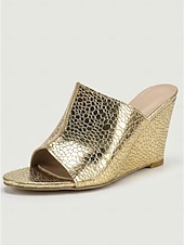 baratos Convidado do casamento-Mules femininas douradas com plataforma metálica, sapatos de salto sem fecho com textura de crocodilo, elegantes para convidadas de casamento em cerimônias na cidade.