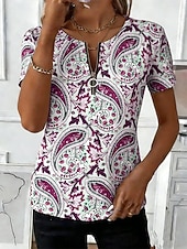 abordables T-shirt Boho-Femmes T-shirt Fermeture éclair Graphique Paisley Élégant Classique Occasionnel Manche Courte Col ras du cou Hauts Réguliers Quotidien Sports Week-end Bleu Violet Marron Vert Été Printemps