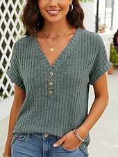 cheap Plain tee-Women's T Shirt Tee Top Solid Color Fashion Stylish Classic Short Sleeve V Neck Regular Tops Daily Going out Weekend Blue Purple Green Khaki Summer Spring