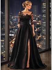 ieftine Lungimea podelei-Linia -A Lungime Podea Rochie pentru invitata de nunta Rochie formala Rochie Flare Rochie Mama Miresei Lungime Manșon 3/4 Bijuterie Elegant Mamă Invitat la nunta Satin cu Mărgele Aplică