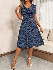 economico Abiti floreali-Per donna Abito Midi Abito a trapezio Vacanza Casual All'aperto Uscire Vestibilità regolare A Pois Manica Corta Scollo a V blu navy Nero Rosso Verde Estate Primavera